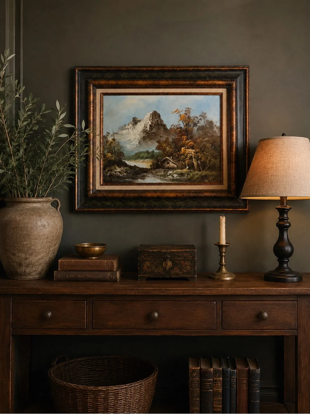 Vintage Signed G. Whitman Original Oil Mountain Landscape in Ornate Frame